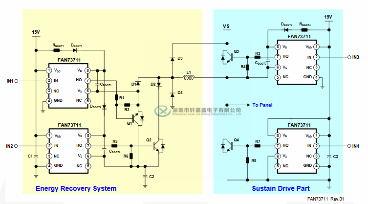 FAN73711M的特征: 用于自举操作的浮动通道至+ 600V 4A / 4A采购/吸引电流驱动能力 共模dv / dt噪声消除电路 3.3V和5V输入逻辑兼容 输出与输入信号同相 VBS欠压锁定 内置并联稳压器在VDD和VBS 8引脚小型封装(SOP) FAN73711M的引脚配置(顶视图): FAN73711M的浮动双向开关和半桥驱动器:PDP应用: FAN73711M的降压(Buck)DC-DC转换器应用: FAN73711M的描述: FAN73711是一款单片高端栅极驱动IC,可驱动高达+